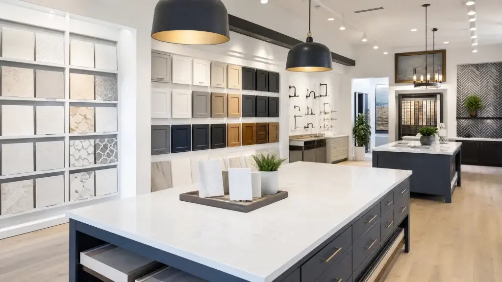 Interior view of NOCO Remodeling & Design’s Loveland showroom displaying cabinet and tile samples