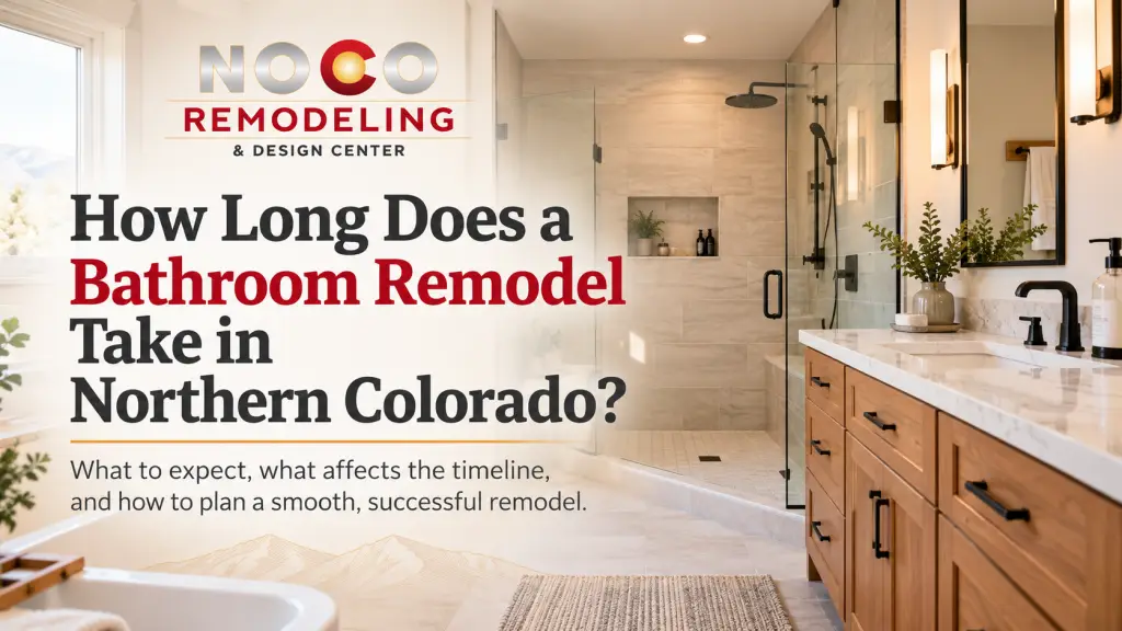 Modern bathroom remodel with walk-in glass shower and wood vanity, featuring NOCO Remodeling & Design Center’s Northern Colorado bathroom remodeling timeline guide.